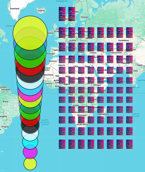Circle areas and piecharts on world map